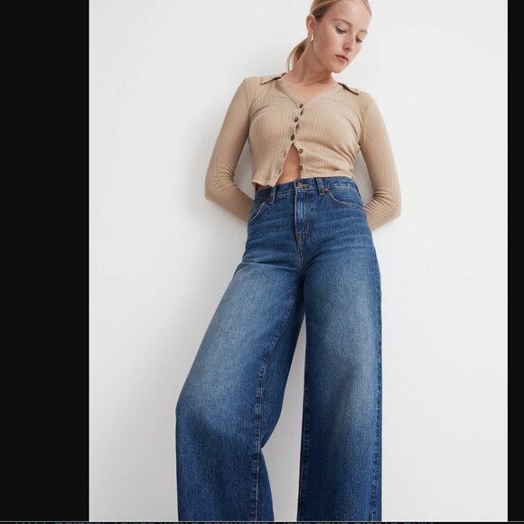 LIKE NEW Madewell Superwide Leg Jeans in Halleran Wash size 33 raw hem - Picture 1 of 7